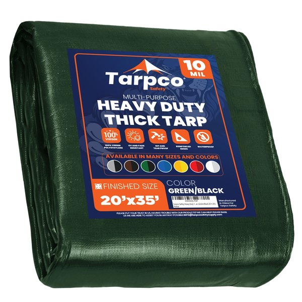 Tarpco Safety 35 ft L x 0.5 mm H x 20 ft W Heavy Duty 10 Mil Tarp, Green/Black, Polyethylene TS-153-20X35
